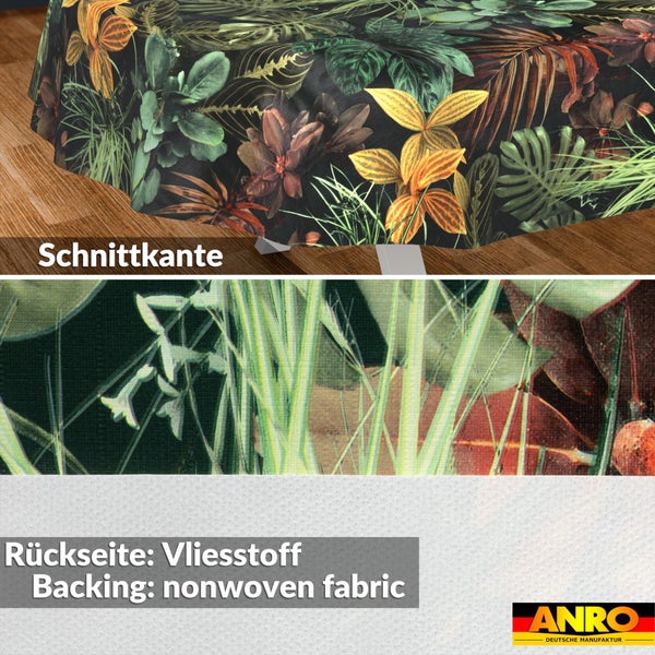 Tischdecke mit tropischem Blättermuster, Schnittkante und Rückseite aus Vliesstoff. ANRO Logo.