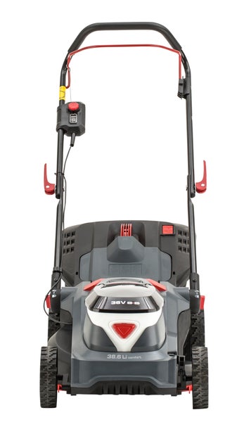 Akku-Rasenmäher 38.6 Li comfort, 36 Volt, mit Führungsholm und profilierten Rädern.