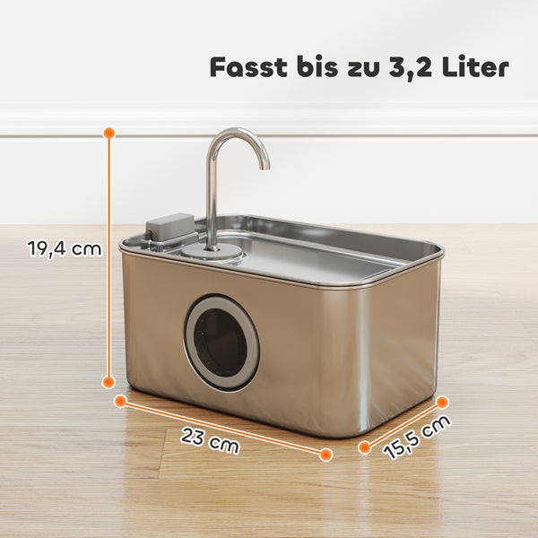 Trinkbrunnen für Haustiere mit einem Fassungsvermögen von bis zu 3,2 Litern und den Maßen 19,4 cm Höhe, 23 cm Breite und 15,5 cm Tiefe.