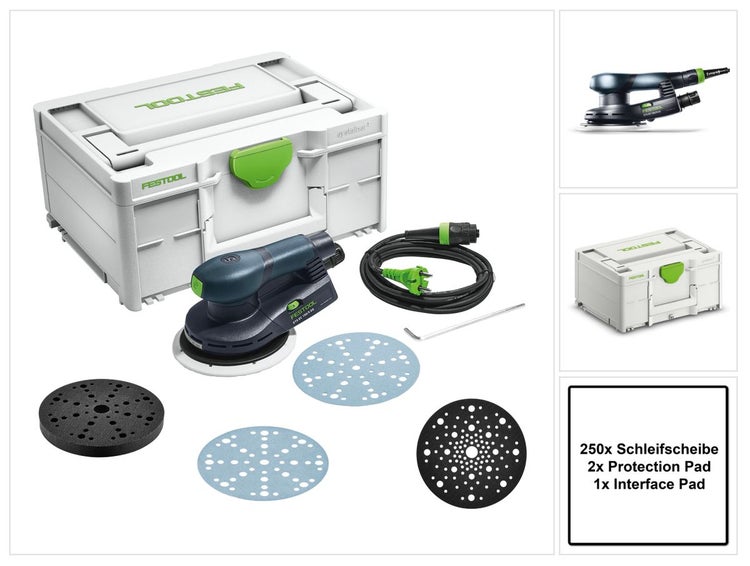 Festool ETS EC 150/5 EQ-Plus Exzenterschleifer 400 W 150 mm Brushless + 250x Schleifscheibe + 2x Protection Pad + Interface Pad + systainer