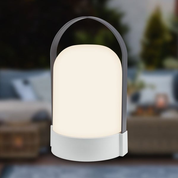 Tragbare LED-Außenleuchte mit grauem Henkel und warmweißem Licht.