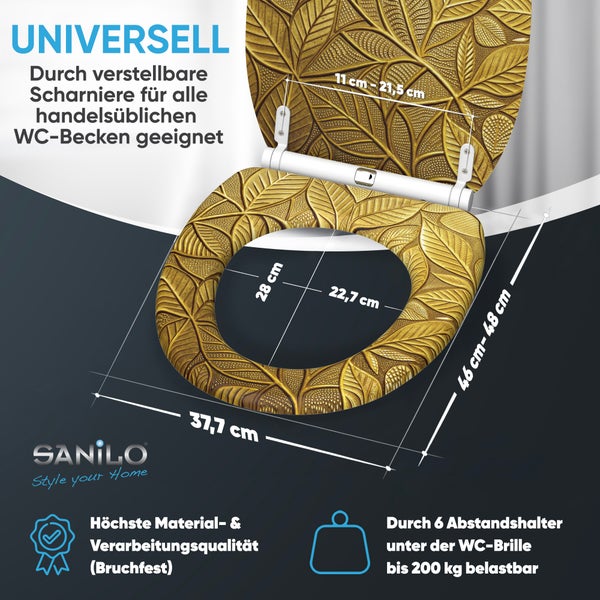 Universeller Sanilo WC-Sitz mit goldenem Blattmuster, verstellbare Scharniere, hohe Materialqualität, belastbar bis 200 Kilogramm. Sanilo Logo.