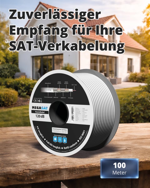 Eine Kabeltrommel mit 100 Meter Koaxialkabel für SAT Anlagen von Megasat steht auf einem Holztisch vor einem Haus.
