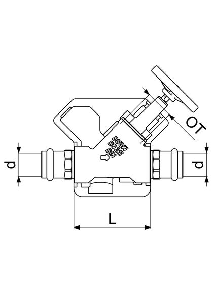 Technische Zeichnung Freistromventil mit Pressanschluss, Angaben zu Durchmesser, Länge, Oberteilhöhe und Zertifizierung für Trinkwasser.