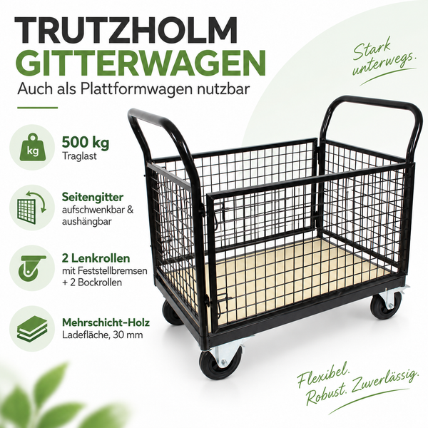 Trutzholm Gitterwagen mit Mehrschicht-Holz Ladefläche und aufschwenkbaren Seitengittern, 500 Kilogramm Traglast, zwei Lenk- und zwei Bockrollen.