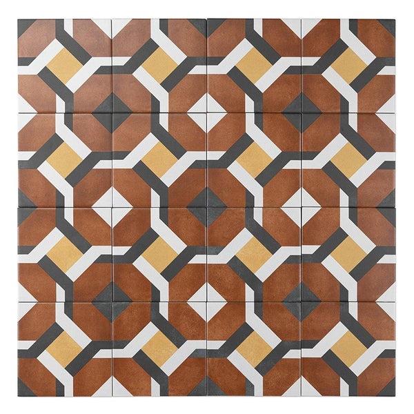 Quadratische Wandfliesen und Bodenfliesen mit einem geometrischen Muster aus ineinander verschlungenen Linien und Rauten.