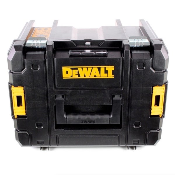 DeWALT Werkzeugbox aus Kunststoff mit Tragegriff und seitlichen Clips zum Verbinden.