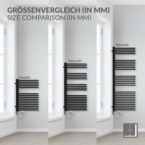 LuxeBath Elektrischer Badheizkörper 500x1200 mm Schwarz matt + Heizstab 1200W mit Thermostat Digitalanzeige, Heizkörper + Heizpatrone, Handtuchtrockner Handtuchwärmer Handtuchheizkörper Handtuchhalter