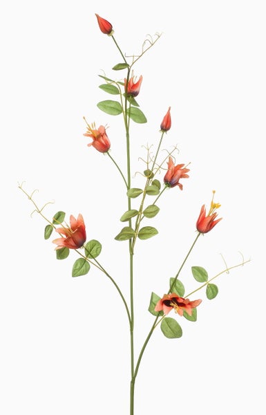 Künstlicher Clematiszweig mit orangefarbenen Blüten, Knospen und grünen Blättern.