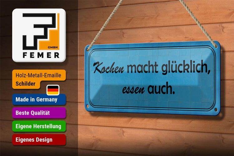 Blechschild Spruch 27x10cm Kochen macht glücklich essen Dekoration