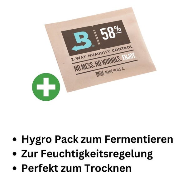 Boveda Hygro Pack 67 g – 58% Luftfeuchtigkeit | 2-Wege-Feuchtigkeitskontrolle für Kräuter, Früchte & Dörren | Natürliche Regulierung ohne Chemie