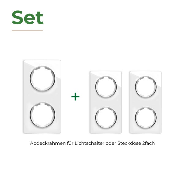 Set aus zwei zweifachen Abdeckrahmen für Lichtschalter oder Steckdosen aus Kunststoff.