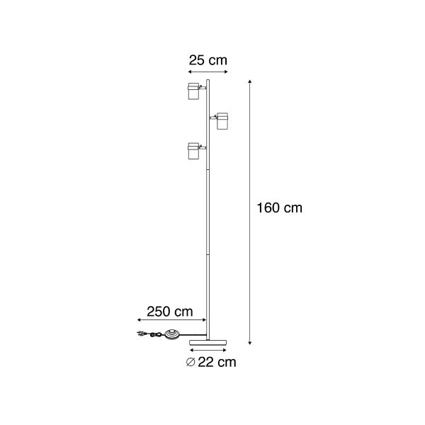 Maßzeichnung einer Stehleuchte mit drei Köpfen: Höhe 160 cm, Breite 25 cm, Fußdurchmesser 22 cm und Kabellänge 250 cm.