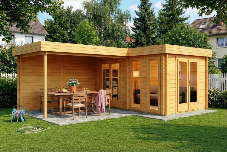 Modernes, geräumiges Gartenhaus aus Holz mit Flachdach, integrierter Terrasse und großen Glastüren in einem hellen, organisierten Garten.