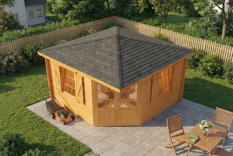 Holz Gartenhaus mit Fensterläden, Rasenmäher, Gartentisch und Stühlen auf einer Terrasse in einem Garten.