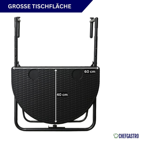 Schwarzer Balkonhängetisch mit Tischplatte in Rattanoptik, Breite 60 Zentimeter, Tiefe 40 Zentimeter. ChefGastro Logo.