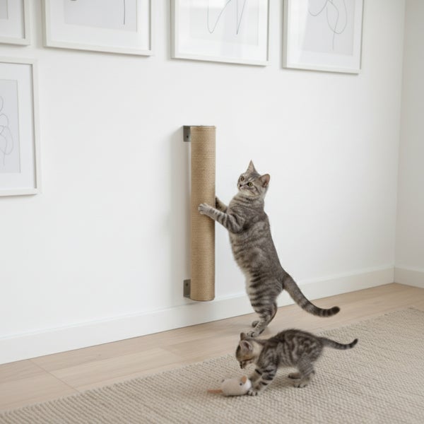 Wandkratzbaum aus Sisal zur Montage an der Wand mit einer erwachsenen Katze beim Kratzen und einem spielenden Katzenbaby auf einem Teppich.
