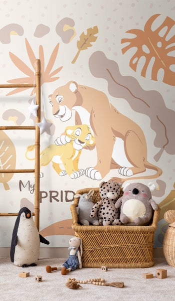 Dekoriertes Kinderzimmer mit Dschungel-Wandbild, Spielzeug und Holzleiter