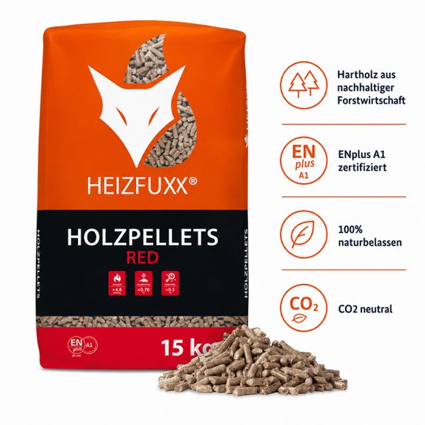 Heizfuxx Red Holzpellets 15 kg Sack, ENplus A1 zertifiziert, Hartholz aus nachhaltiger Forstwirtschaft, CO2-neutral, 100 Prozent naturbelassen.