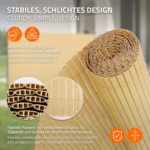 ECD Germany PVC Sichtschutzmatte 100x500 cm, Bambus, Sichtschutzzaun 3-Gewicht-Verstärkung, UV-beständig, Wasserdicht, Windschutz Balkonverkleidung Zaunblende Sichtschutz für Garten Balkon Terrasse