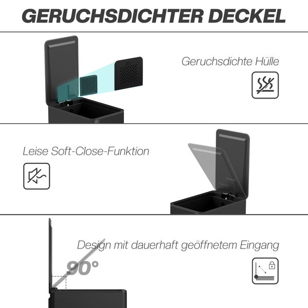Infografik zeigt Mülleimer mit geruchsdichtem Deckel und Filter, Soft-Close-Funktion sowie Feststellfunktion bei 90 Grad Öffnungswinkel.