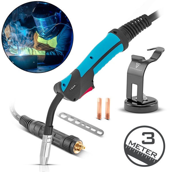 Stahlwerk MIG MAG Schweißbrenner Schlauchpaket, 3 Meter Kabellänge, mit Magnetbrennerhalter, Stromdüsen und Montageschlüssel.