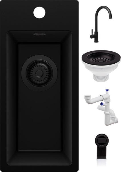 Schwarzes Küchenspülen-Set bestehend aus rechteckiger Spüle, Hochbogen-Armatur, Ablaufgarnitur, Siphon und Überlauf.