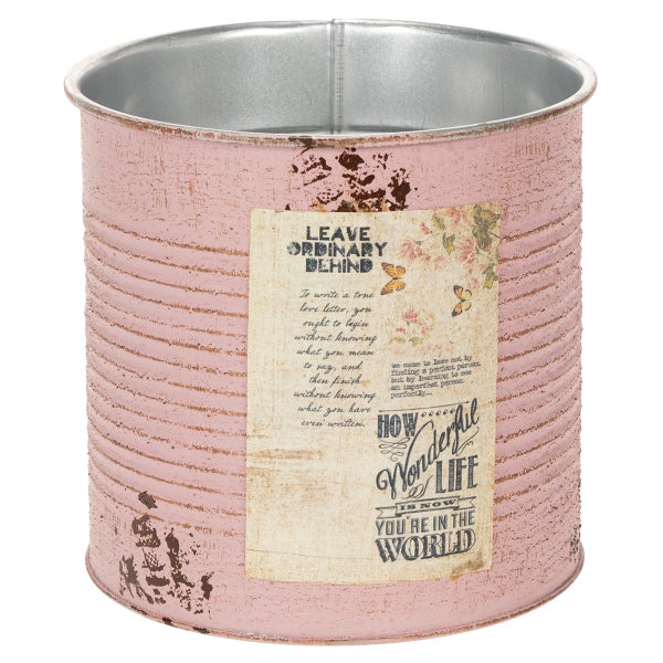 Rosa Übertopf aus Metall im Vintage Design mit Schriftzug und Blumenmotiv