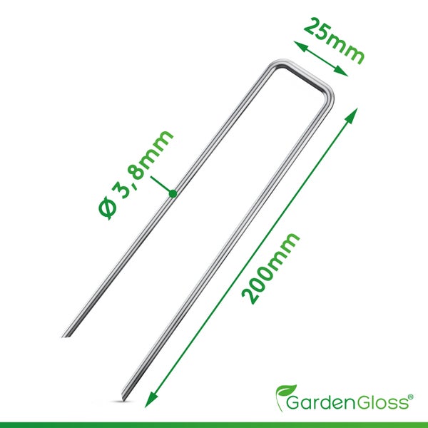 GardenGloss® Anti-Rost Erdanker / Heringe für Extrem Harten Boden (250 Stück) - Metallheringe 200 MM Lang, 25 MM Breit, Ø 3.8 MM