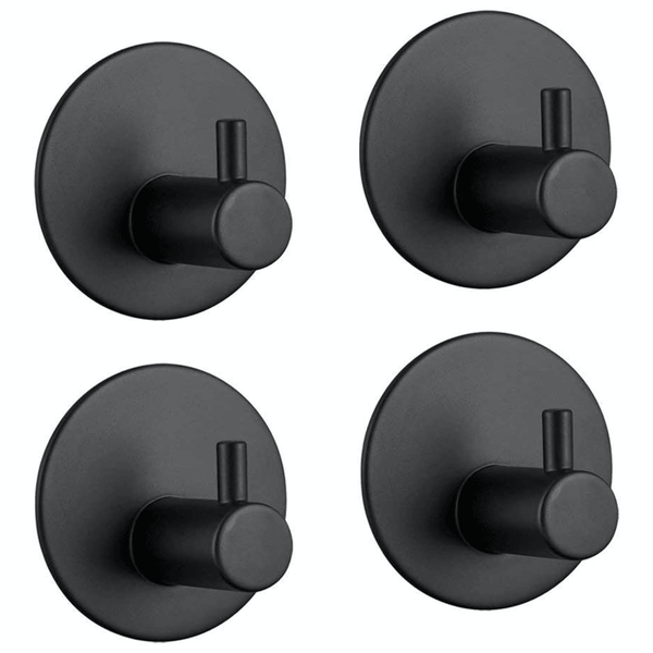 Vier schwarze runde Wandhaken im zylindrischen Design.