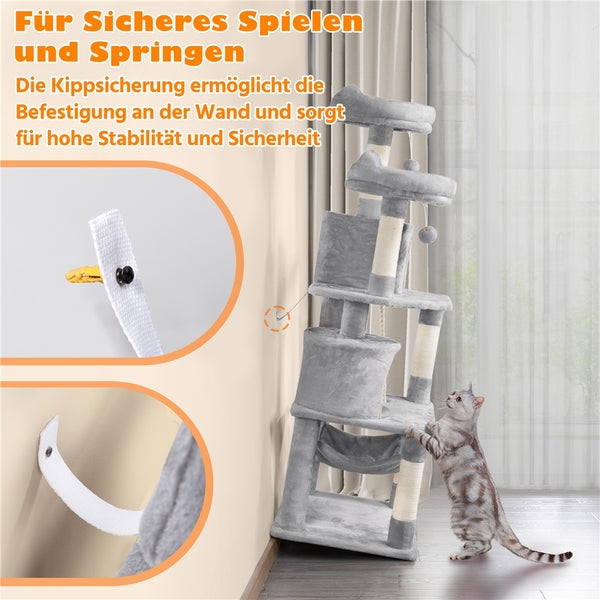 Grauer Katzenkratzbaum mit Wandbefestigung für Stabilität