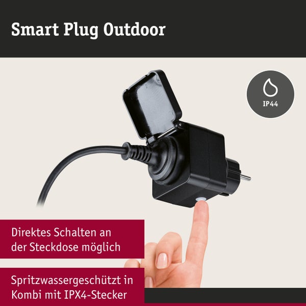 Smarte Außensteckdose mit Schutzdeckel, Knopf für manuelles Schalten am Gerät und Schutzart IP 44 für Spritzwasserschutz.