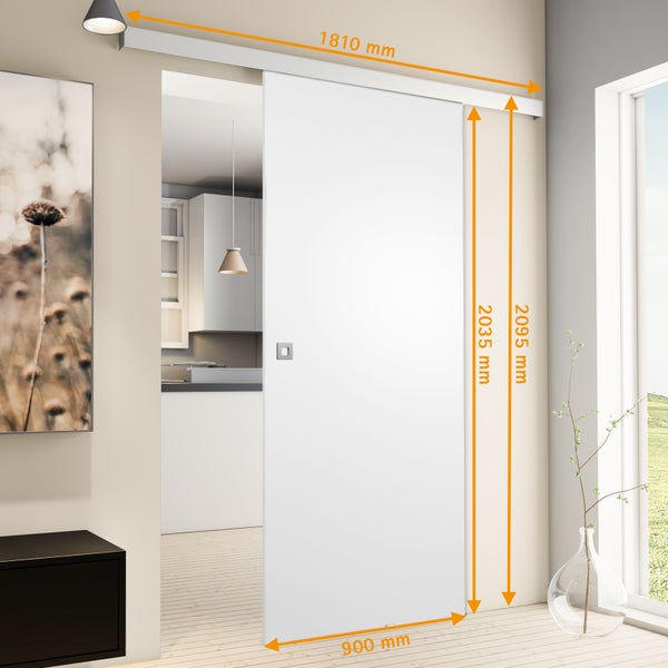 Tür Schiebetür Komplettset Holz weiß 900x2035 Zimmertür Holztür Schiebetürsystem -  Quadratgriff+2seitiger Softclose
