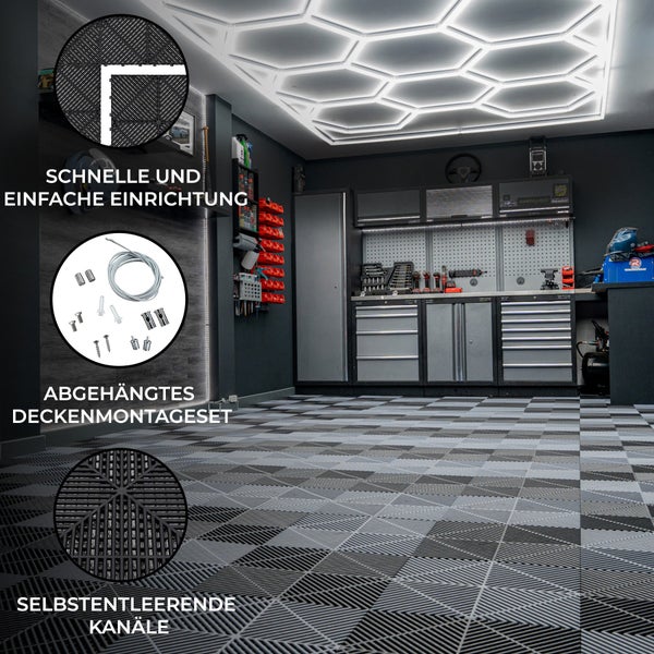 Belüftete Garagenbodenfliesen und sechseckige LED-Leuchten x 120 Schwarz 120 Grau mit Kanten