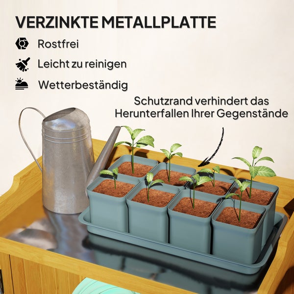 Outsunny Gartenschrank Holz, Geräteschuppen mit Arbeitsfläche, wetterfest Geräteschrank, 65,5x40x98,5cm, Gerätehaus mit Lamellentür, Ablagen, Werkzeugschrank Gartenschuppen für Garten, Terrasse, Gelb