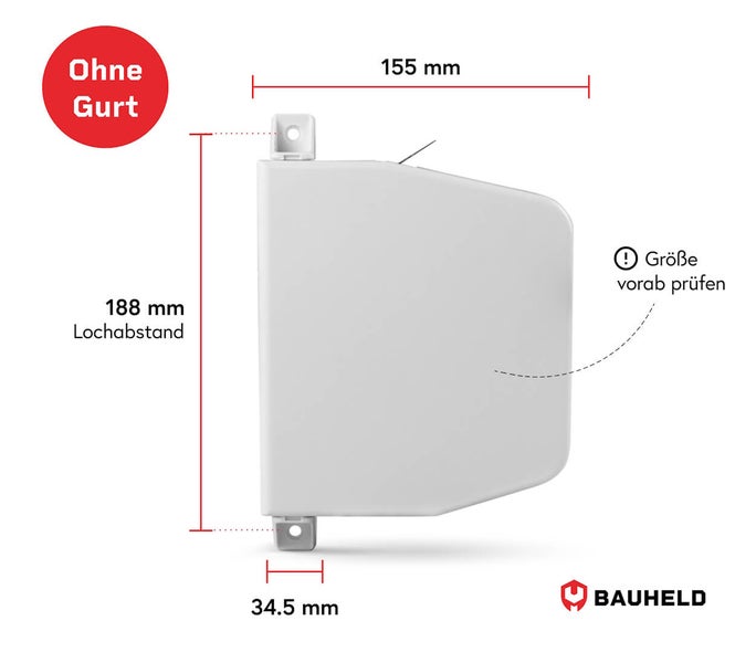 Detailansicht eines Rollladenkastens ohne Gurt mit Maßangaben und Bauheld Logo