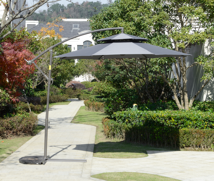 Outsunny Sonnenschirm Ampelschirm Ø2,67 x 2,45 m Kurbelschirm mit Doppeldach Kreuzbasis Stahl Outdoor Sonnenschutz Polyester Stahl Hellgrau