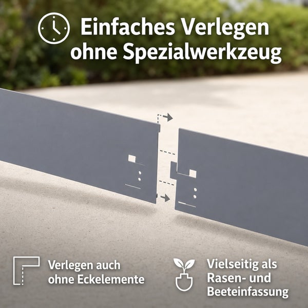Infografik zeigt die einfache Steckmontage einer Beeteinfassung ohne Spezialwerkzeug sowie die Nutzung als Rasenkante ohne Eckelemente.