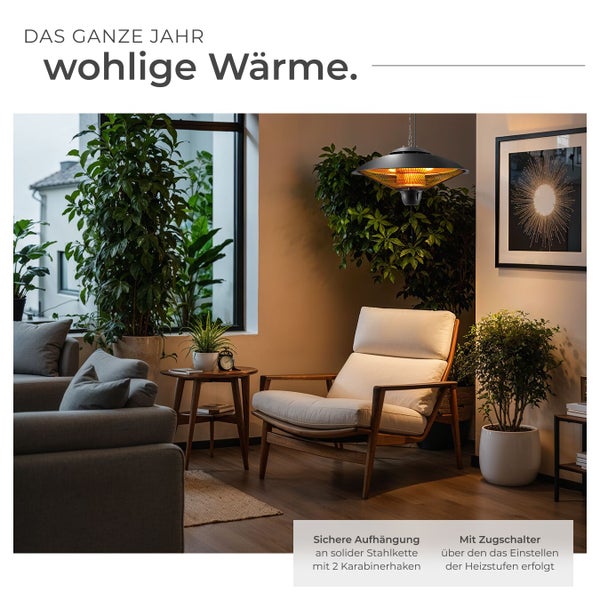 Wohnraum mit Hängeheizstrahler, Sessel und Zimmerpflanzen für ganzjährige Wärme