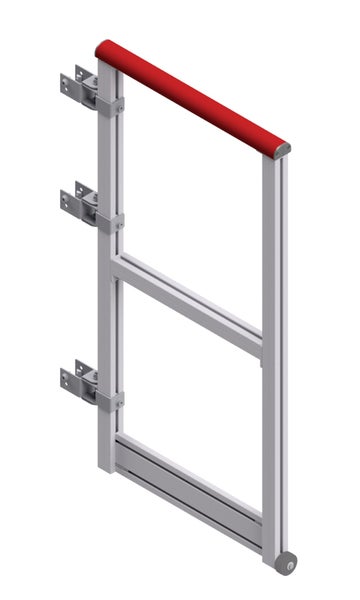 Sicherheitstür für Leitern aus Metall mit rotem Handlauf, Laufrolle und drei Scharnieren zur Wandmontage.