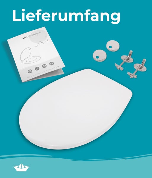 Lieferumfang eines Toilettensitzes inklusive Montagematerial und Bedienungsanleitung.
