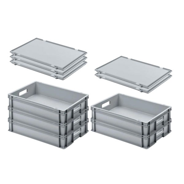 PROREGAL SuperSparSet 5x Eurobehälter mit Offenem Griff und Scharnierdeckel HxBxT 12 x 40 x 60 cm 21 Liter Grau Eurobox Transportbox