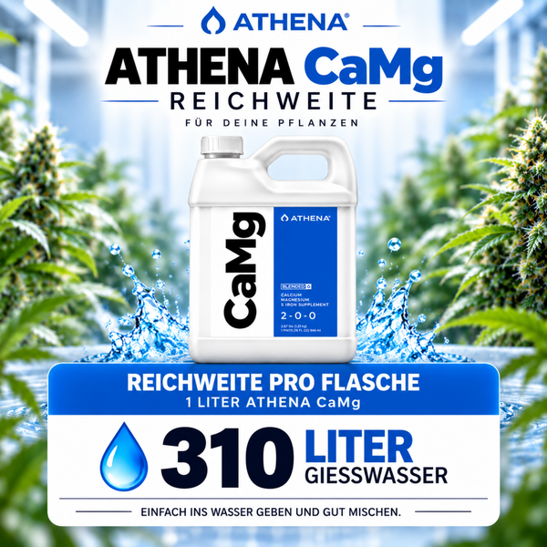 Athena CaMg Pflanzennährstoff Ergänzungsmittel 1 Liter Flasche mit Dosierungsangabe für 310 Liter Gießwasser vor unscharfem Pflanzenhintergrund.