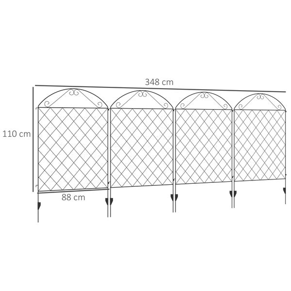 Outsunny 4er Set Gartenzaun, Dekorative Gitterzaun für Garten, Balkon, 3,48 x 1,1 m, Metall, Schwarz