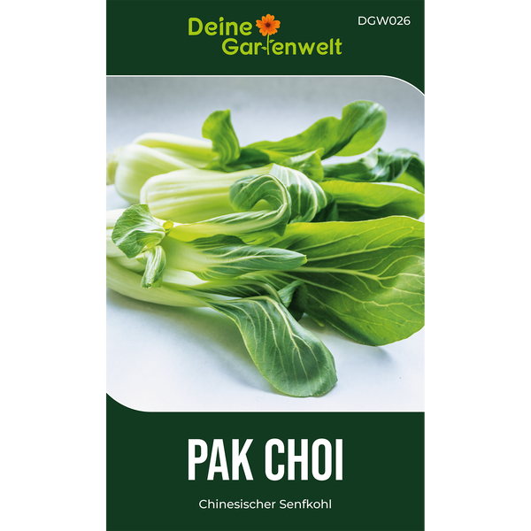 Samentüte für Pak Choi Chinesischer Senfkohl, Deine Gartenwelt Logo, Abbildung von frischem Pak Choi mit hellen Stielen und grünen Blättern.