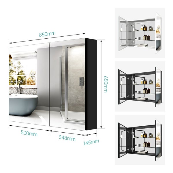 EMKE Spiegelschrank 850x145x650 mm, Grau, Rechteckig, Horizontal, 3 Innenräume, 3mm Rostfreies Spiegelglas, Mit Silent-Design Dämpfungsscharnieren, Badezimmer-Aufbewahrungsschrank, für Bad