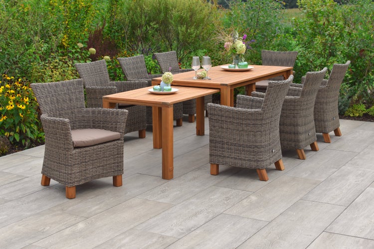 Toskana Gartenmöbelset 9tlg., Gartensessel inkl. Auflagen, Flexibler Ausziehtisch, natur