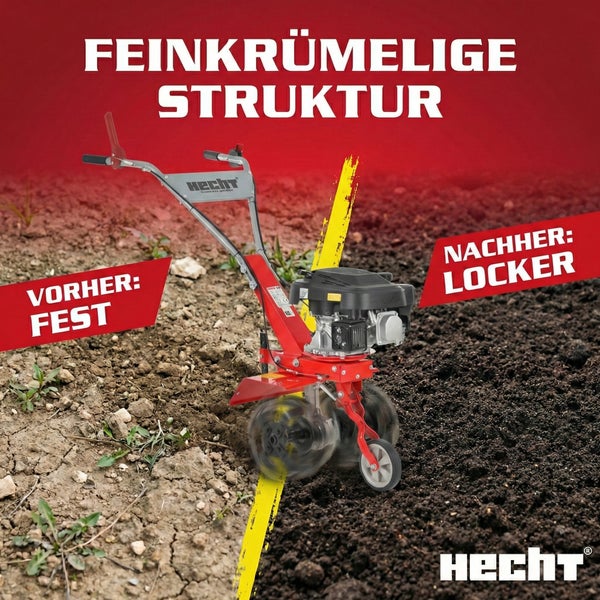 Hecht Motorhacke im Einsatz zur Bodenbearbeitung, vorher feste Erde, nachher lockere Erde. Hecht Logo.