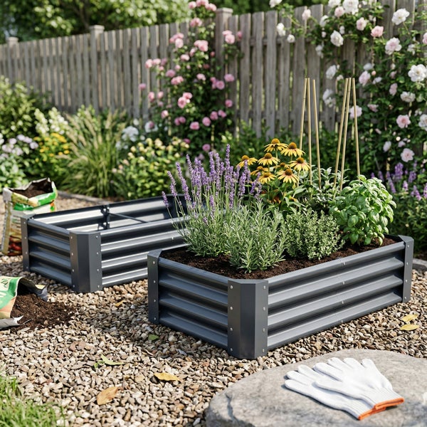 Zwei Hochbeete aus anthrazitfarbenem Wellblech auf Kies, eines bepflanzt mit Lavendel, Kräutern und Blumen, vor einem Holzzaun mit Rosen.