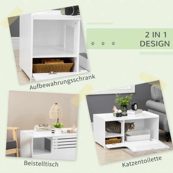PawHut Katzenschrank für Katzentoilette Katzenklo Katzenhaus mit Magnettür Katzenkommode Katzenhöhle Beistelltisch Aufbewahrungsschrank erhöhtes Design Weiß 90 x 48 x 42,5 cm